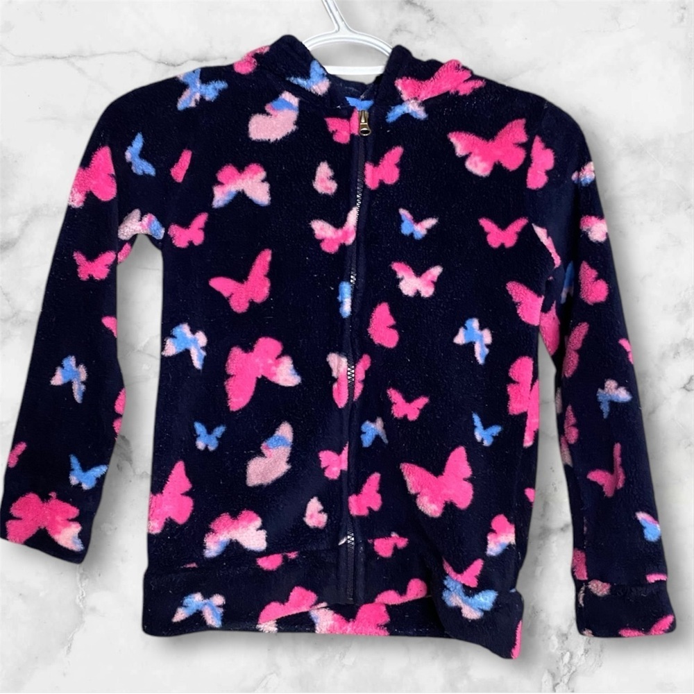 Girls' Navy Blue Fleece Jacket with Pink & Blue Butterflies